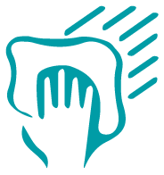 Icona stilizzata di una mano che pulisce una superficie, rappresentativa dei servizi di pulizia
